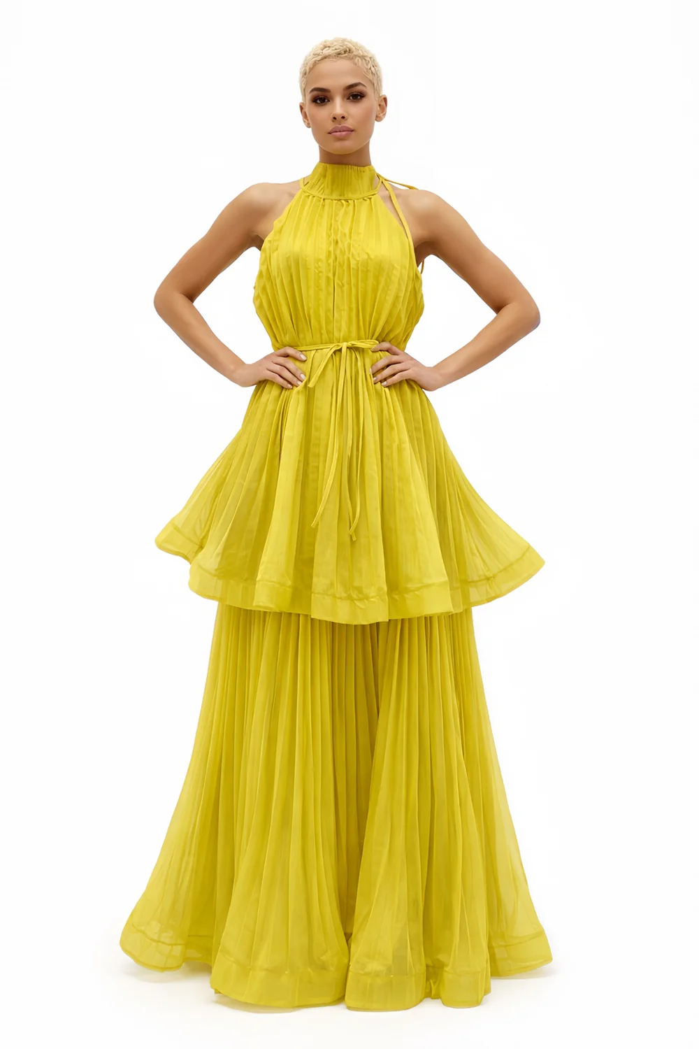 Golden Aura” Pleated Maxi Dress