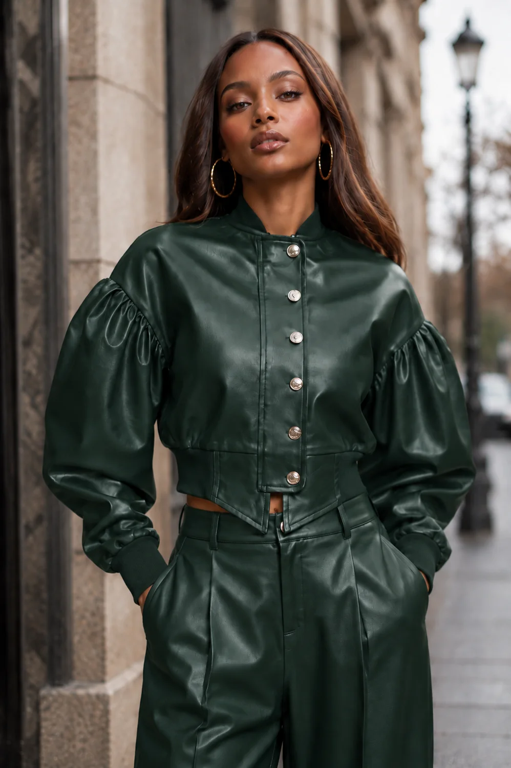 PUFF-SLEEVE BOMBER JACKET TOP (GREEN) NANA