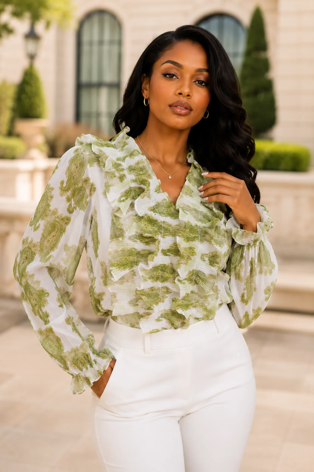 PAISLEY VNECK RUFFLE TOP (WHT) NANA