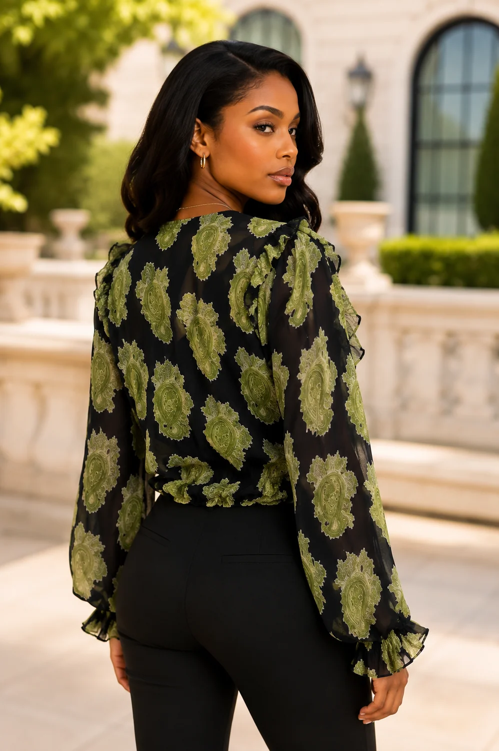 PAISLEY VNECK RUFFLE TOP (BLK) NANA - Image 2