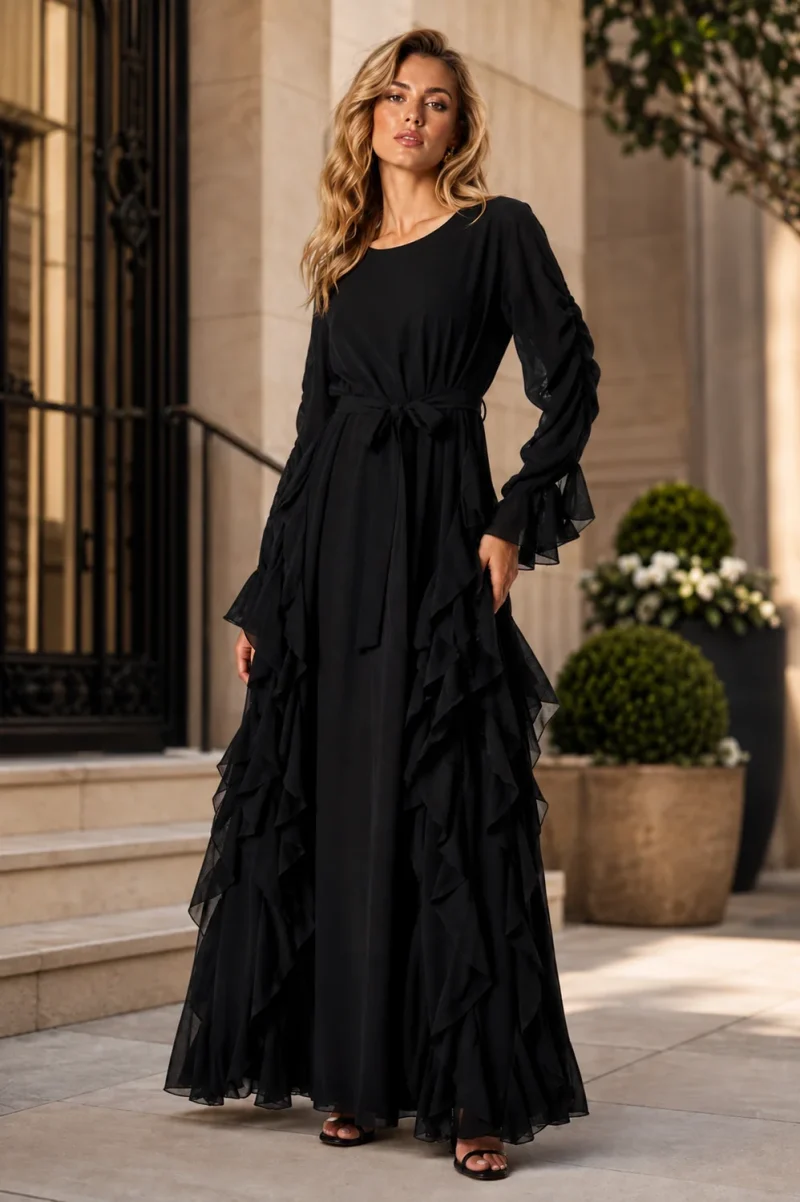 RUFFLE-TRIM BELTED MAXI DRESS NANA
