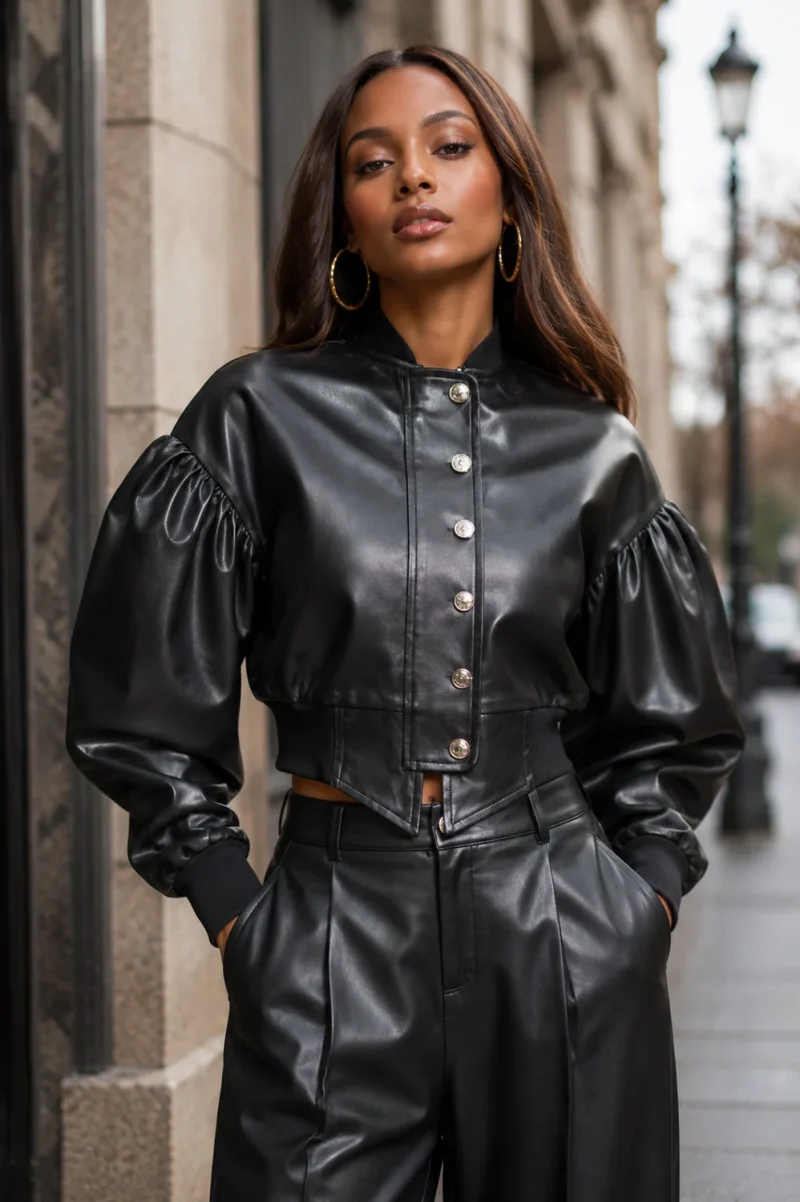 PUFF-SLEEVE BOMBER JACKET TOP (BLACK) NANA