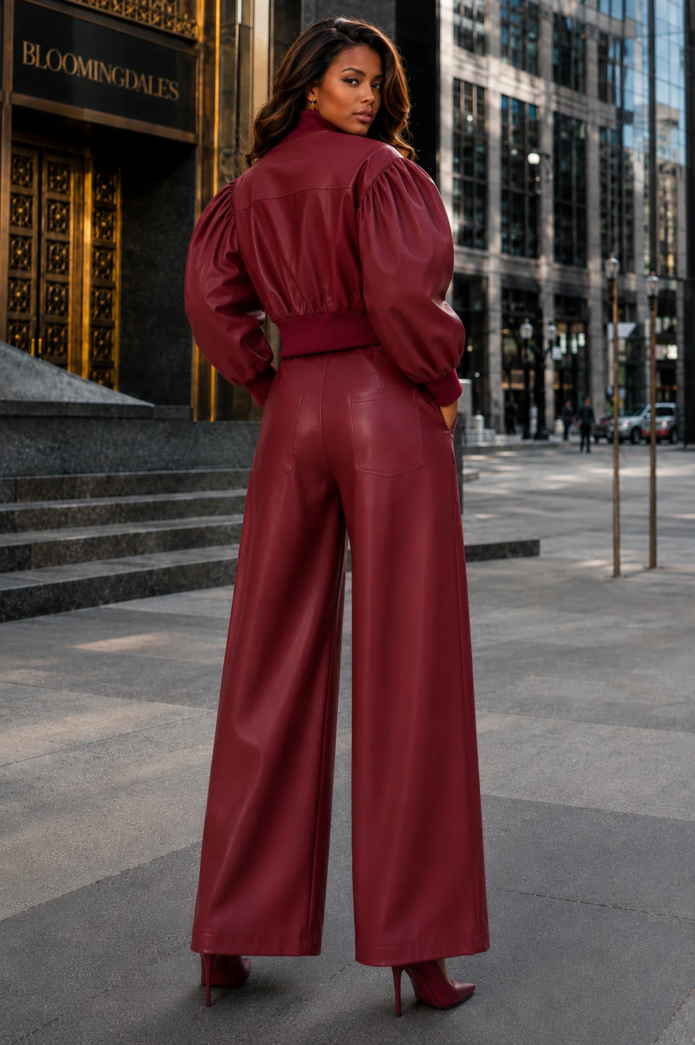 WIDE LEG PLEATED FAUX LEATHER PANTS (RED) NANA - Image 2