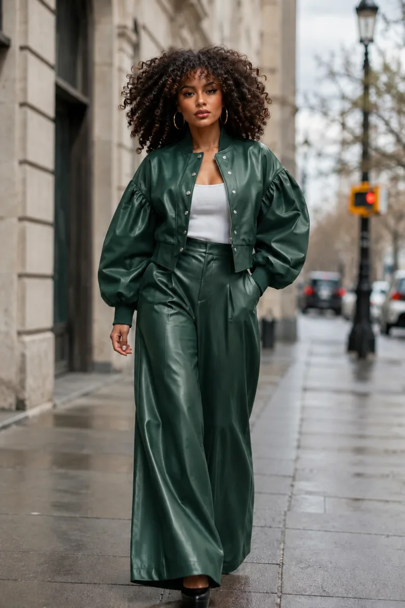 WIDE LEG PLEATED FAUX LEATHER PANTS (GREEN) NANA