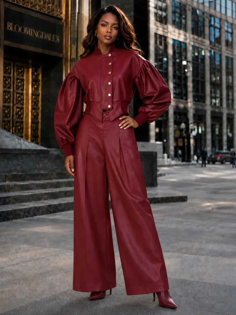 WIDE LEG PLEATED FAUX LEATHER PANTS (RED) NANA