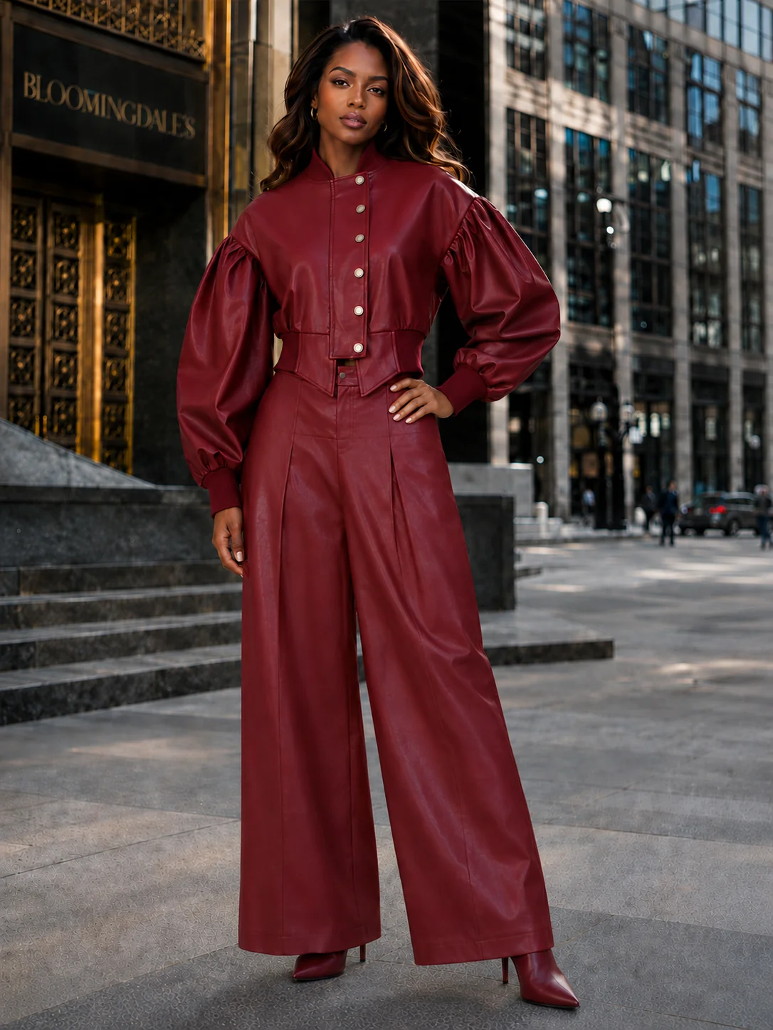 WIDE LEG PLEATED FAUX LEATHER PANTS (RED) NANA