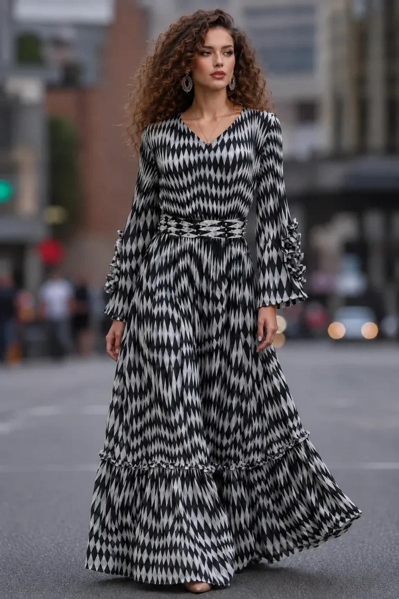 CHECKERED FARESLEEVE MAXI DRESS NANA