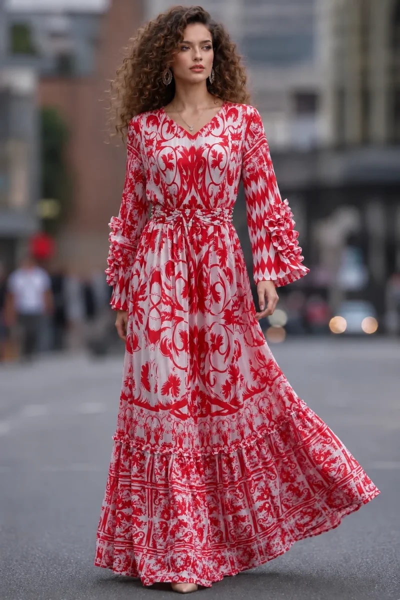 VINTAGE-PRINT FLARE SLEEVE MAXI DRESS NANA