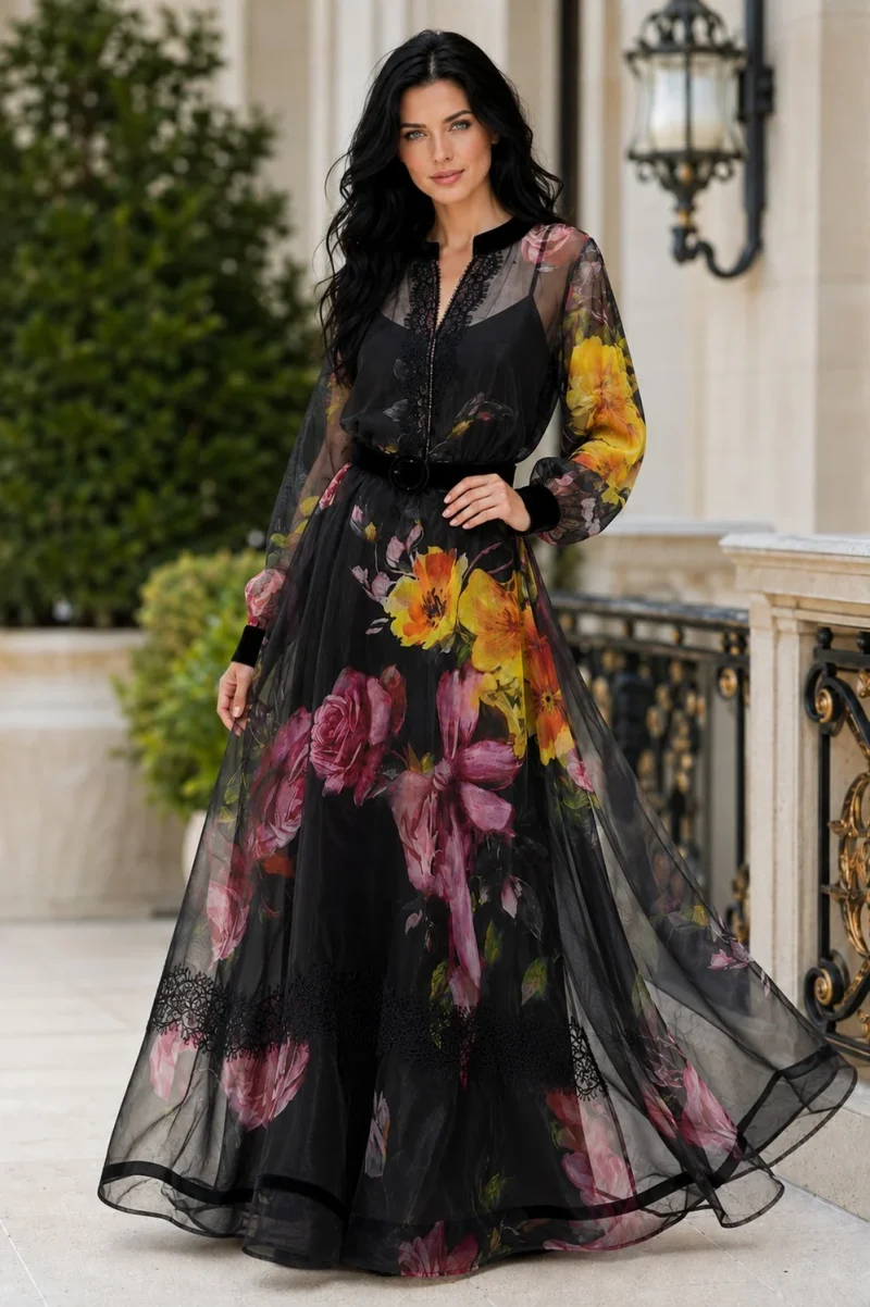 FLORAL PRINT ORGANZA MAXI DRESS NANA